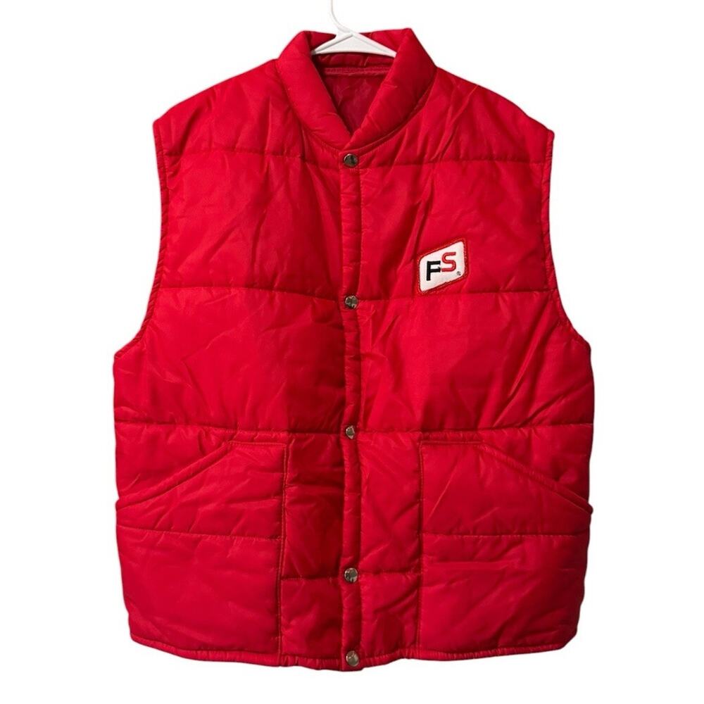 FS Men Size Large Puffer Vest Button Down Pockets Red Agriculture County